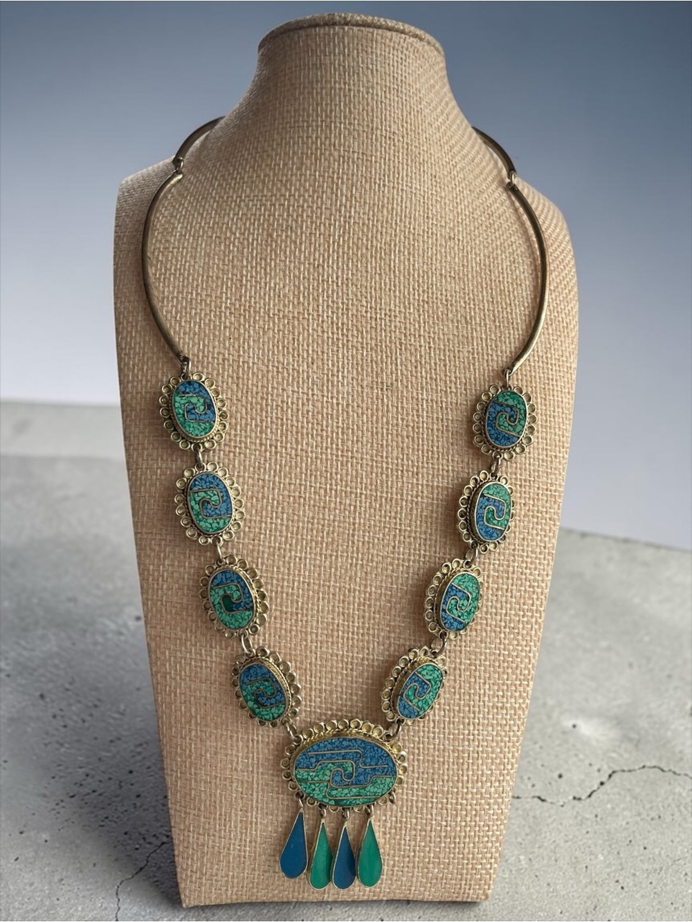 Vintage Alpaca Mexico Turquoise Inlay Bib Torque Necklace